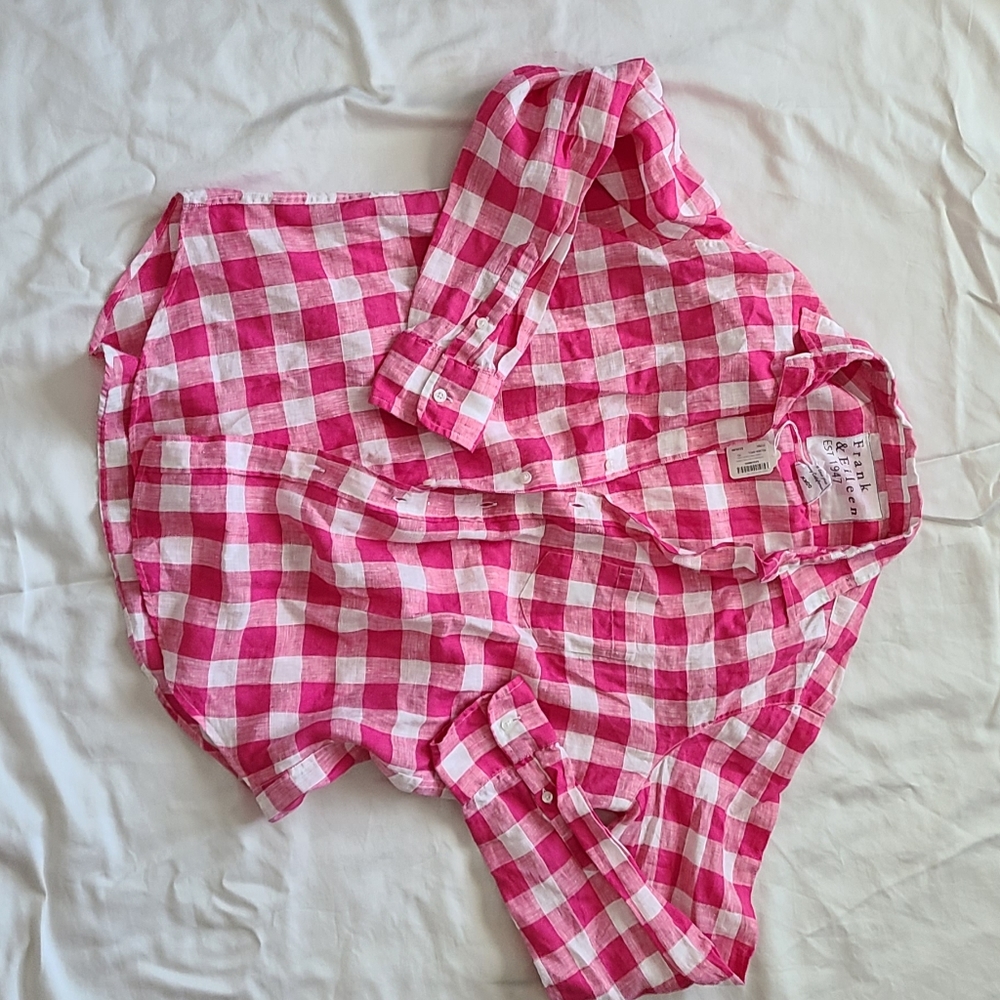 Frank&Eileen linen shirt, pink checkered, button down, size XS